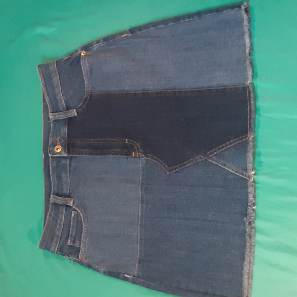 ARIZONA PATCHWORK DENIM MINI SKIRTS, SIZE 13/14